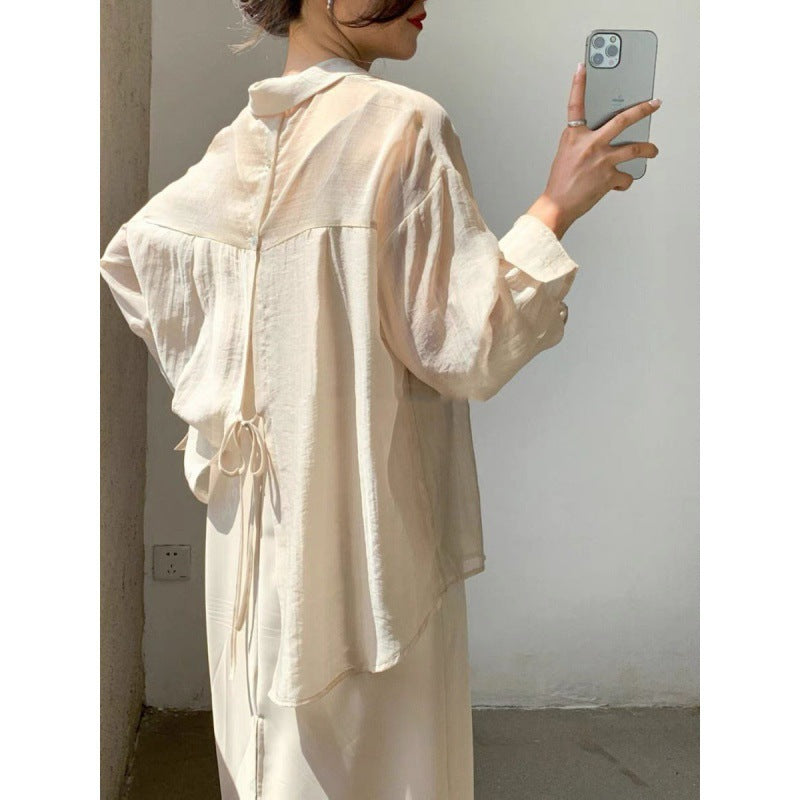 Yuejiaoer chiffon thin back slit shirt women's sunscreen shirt summer dress new versatile Han Fan fashion shirt tide