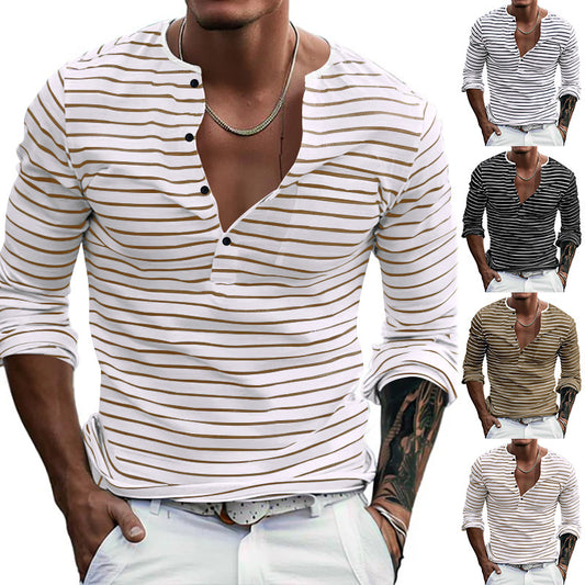 Yama cross-border European and American foreign trade men's autumn and winter versatile base long-sleeved henley shirt casual horizontal stripe henley t-shirt