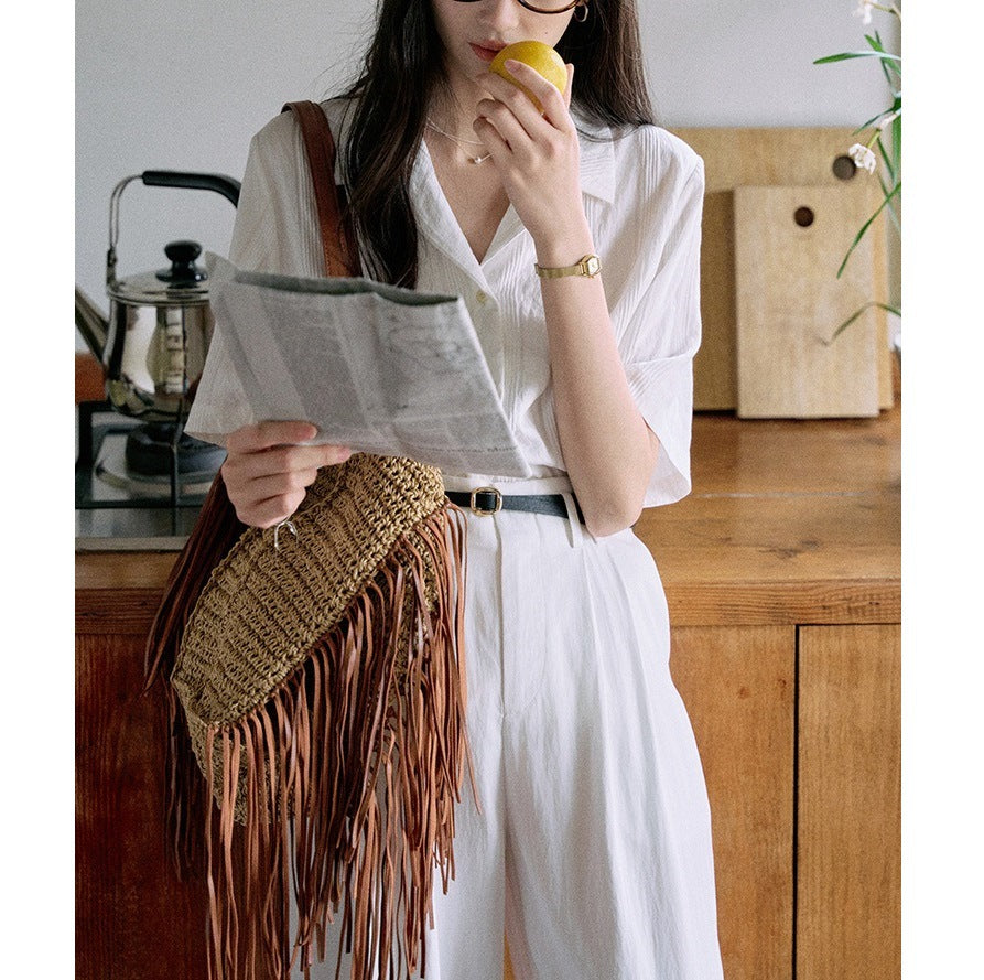 Jicoutre "Nanyang Holiday" loose short sleeve Cuban collar shirt women's summer French vintage casual top