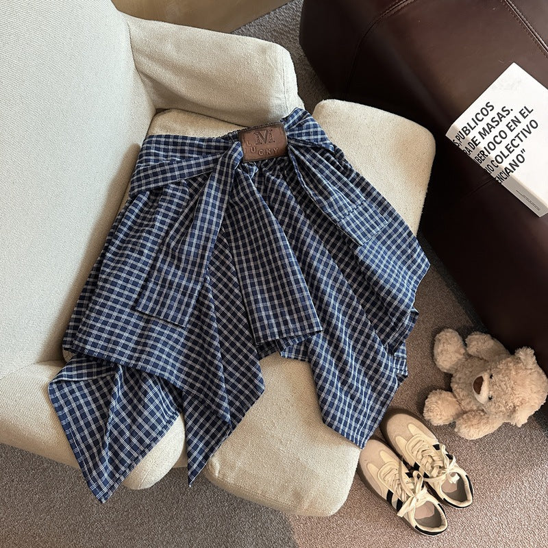 Retro preppy irregular check skirt women's summer new design sense niche strappy a-line skirt