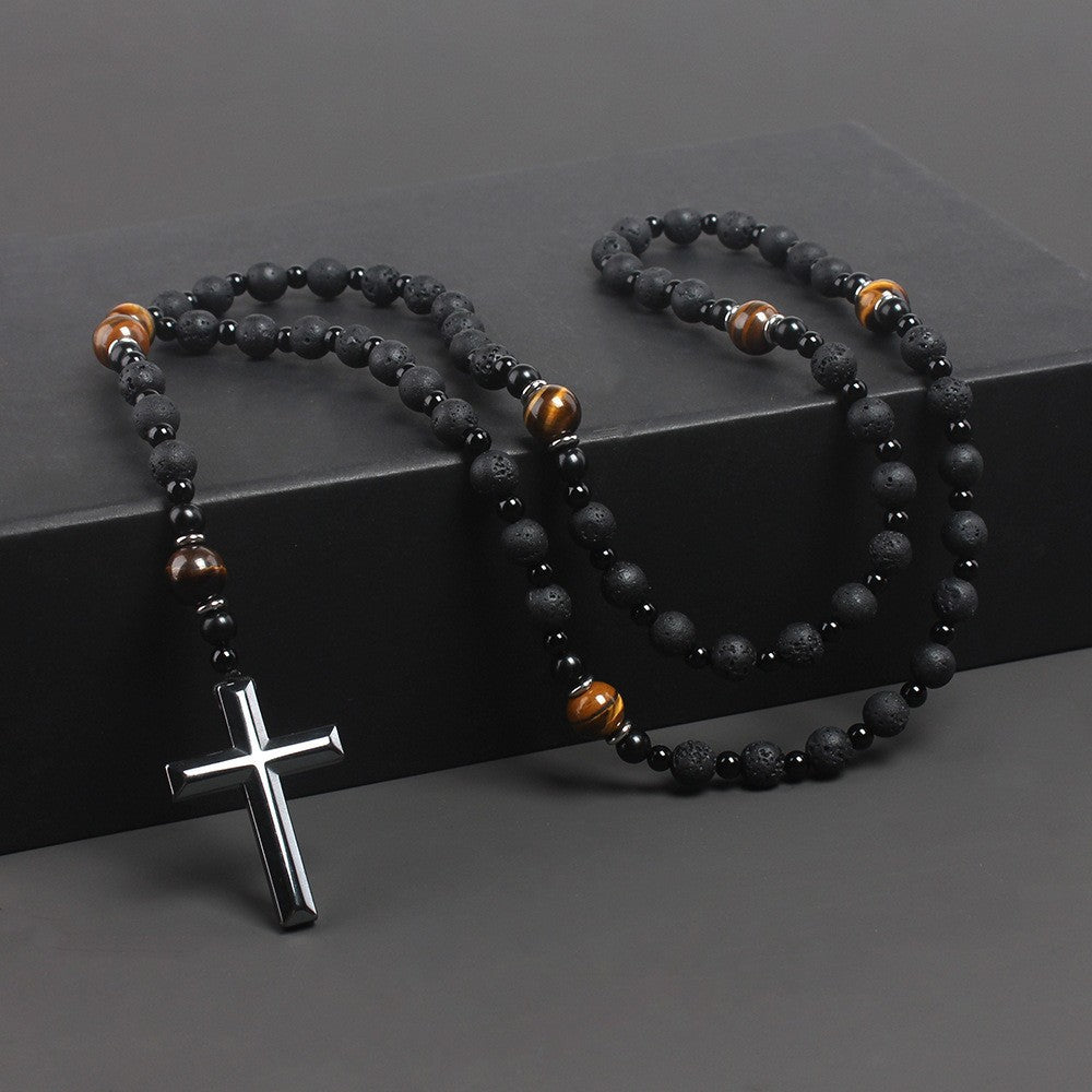 Cross-border Amazon same natural stone black volcanic rock yellow tiger eye iron stone cross religious men's necklace