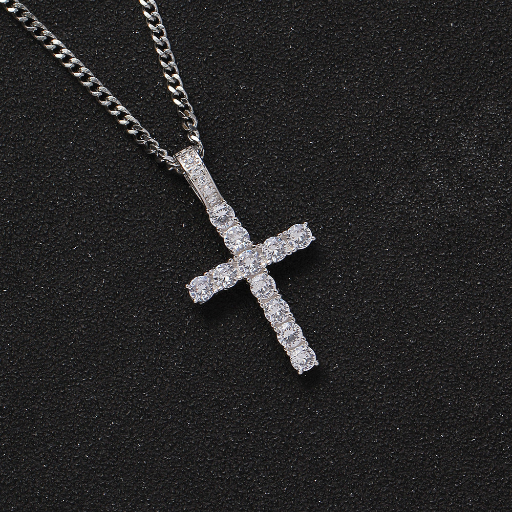 European and American cross-border hip-hop diamond-encrusted cross titanium steel necklace jewelry male hiphop simple high-end sweater chain female