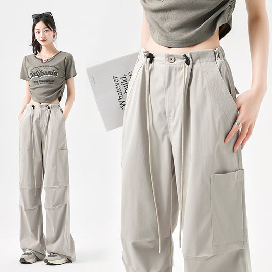Quick-drying cargo pants, women's pants, summer thin high-waisted wide-leg parachute pants, casual slim American sports pants