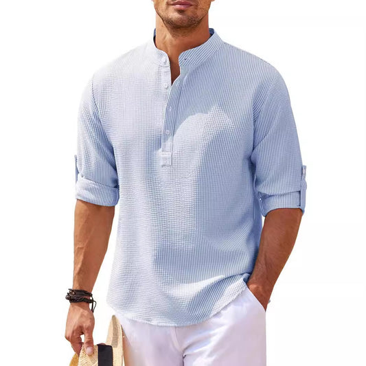 European and American men's long sleeve shirts, stand-up collars, semi-open button-downs, pineapple checked shirts, men's casual shirts, tops wholesale