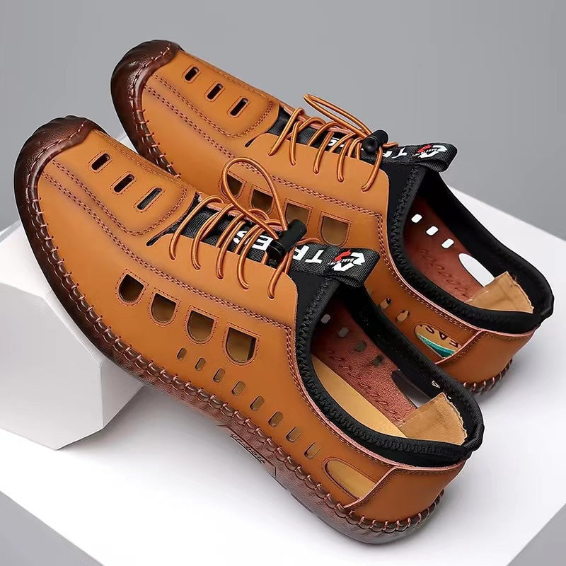 2025 New Sandals Men's Summer Casual Hollow Breathable Leather Shoes Non-slip Soft Sole Casual Versatile Comfortable and Versatile