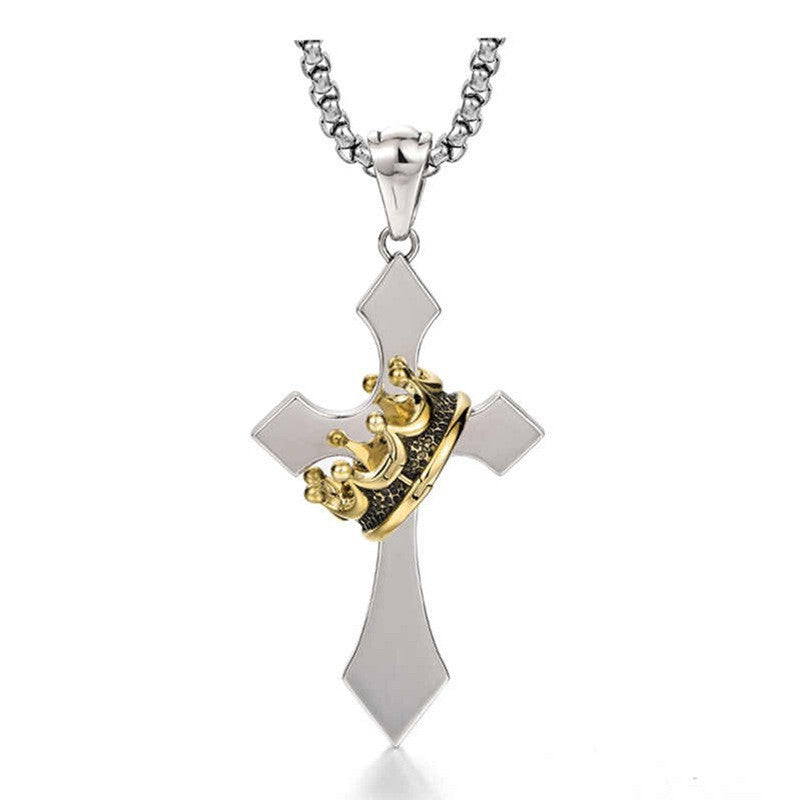 Gold Crown Cross Necklace Men's Trend Personality Vintage Thai Silver Hip Hop Niche Boys Pendant Pendant
