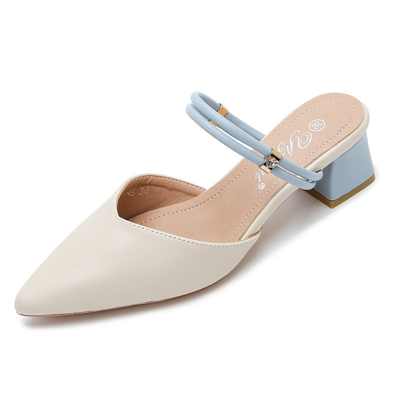 Baotou sandals women's summer 2025 new pointed toe block heel semi-drag fairy style wear flat slip-on single shoes