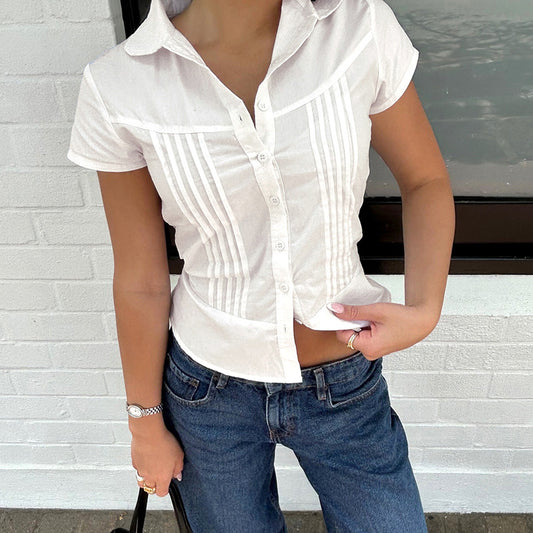 INS European and American cross-border college style small fresh girl accordion pleated solid color lapel breasted short-sleeved shirt top