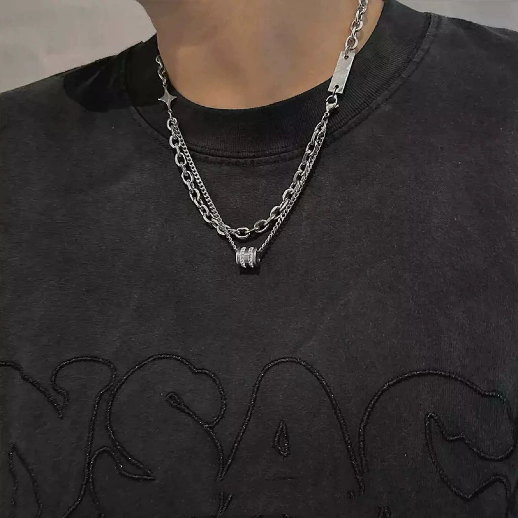 Black and white squares, glass stitching necklaces, men's niche, simple and versatile, titanium steel clavicle chain, light luxury, personality hip-hop jewelry