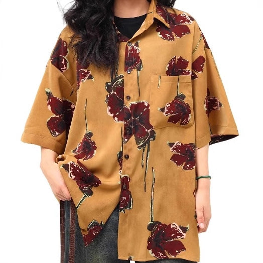 Hong Kong style retro baroque short-sleeved floral shirt summer American style unique oil painting style loose Cuban collar shirt hip girl