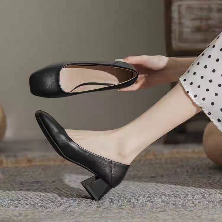 Giant soft! Soft leather French medium heel, shallow square toe, thick heel nude shoes, cheongsam single shoes, work leather shoes, commuter women's shoes