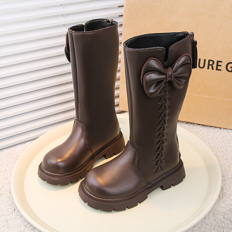 Girls' boots autumn and winter new Korean fashion boots in the middle and big boys with foreign bows and catwalk boots with fleece