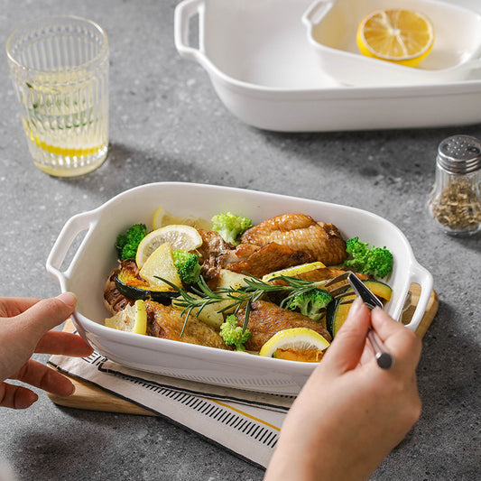 Simple pure white ceramic rectangular amphora baking dish cheese baking bowl high temperature resistant home baking bowl snack bowl steamed fish plate