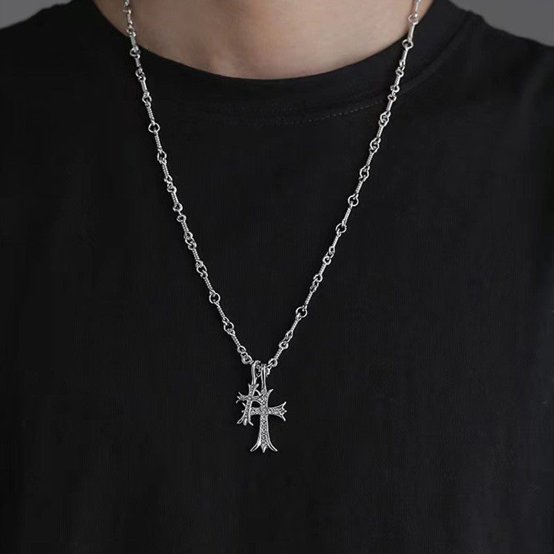 Black and white squares, glass stitching necklaces, men's niche, simple and versatile, titanium steel clavicle chain, light luxury, personality hip-hop jewelry