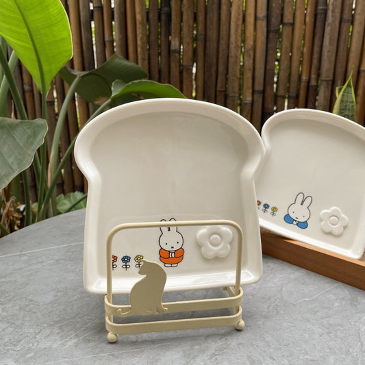 Soft and cute healing Miffy rabbit toast plate, cute rabbit toast shape ceramic plate, small flower flower Japanese dessert plate