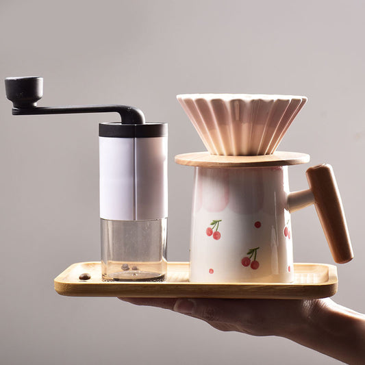 High-value hand-painted pink ceramic wooden handle hand pour-over grinder coffee set origami small V60 coffee filter cup