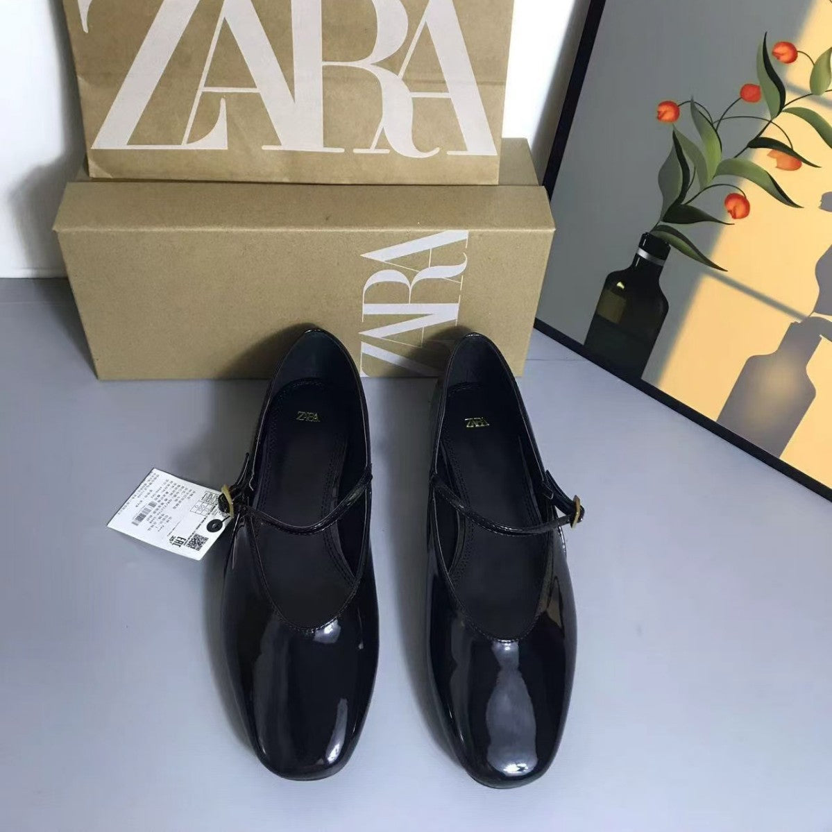 ZA Women's Shoes Spring 2024 New Women's Shoes Red Patent Leather Mary Jane Ballet Flats French Pumps