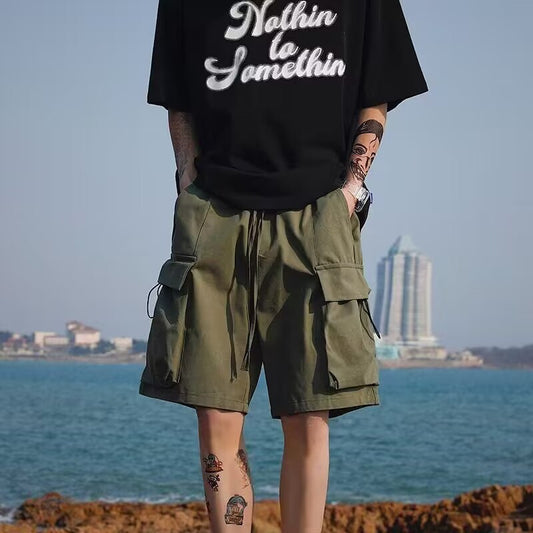 Cargo multi-pocket shorts, men's trend, solid color, loose trend, versatile, hip-hop, sports drawstring, men's casual cropped pants