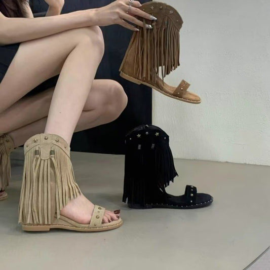 [Armano] design tassel rivet roman sandals women's 2025 new boots women's summer high-top sandals