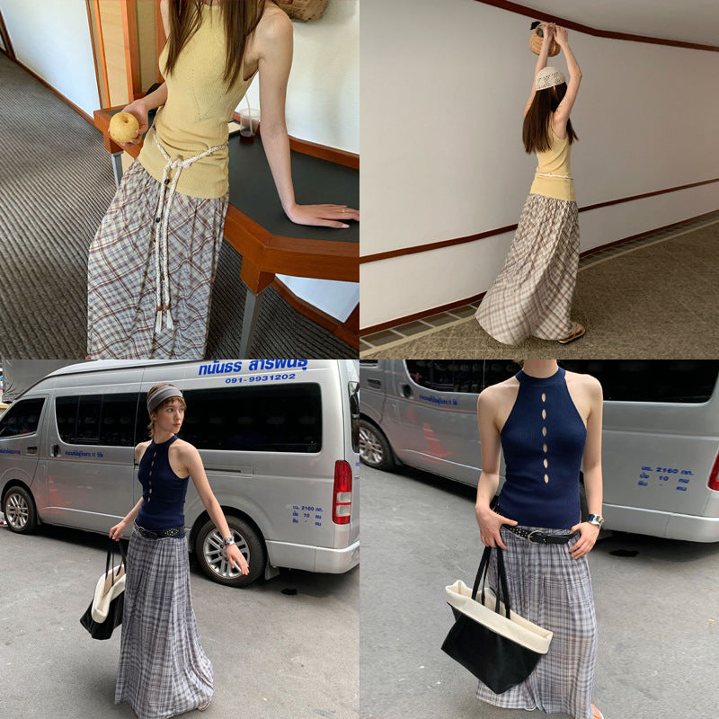 [Spot] high-waisted a-line tall mesh cool plaid skirt flowing knit skirt long skirt summer