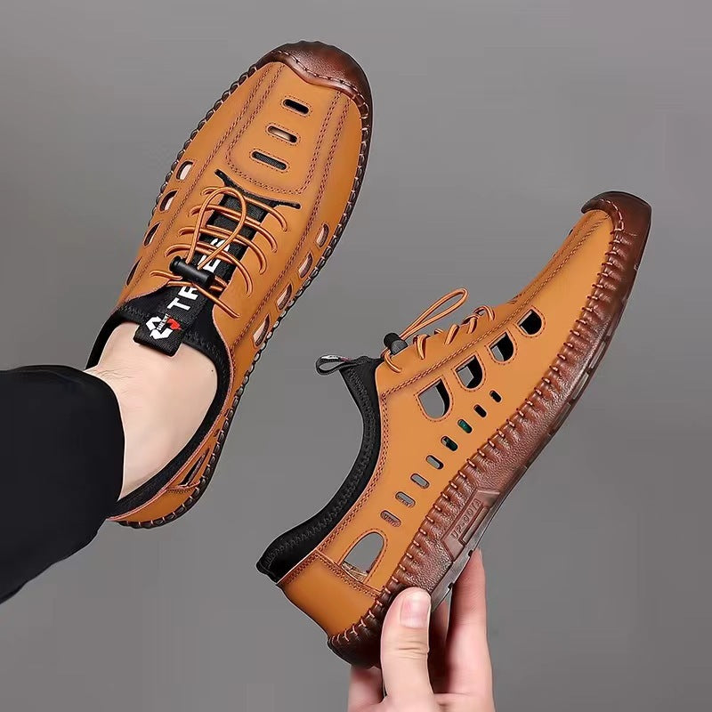 2025 New Sandals Men's Summer Casual Hollow Breathable Leather Shoes Non-slip Soft Sole Casual Versatile Comfortable and Versatile