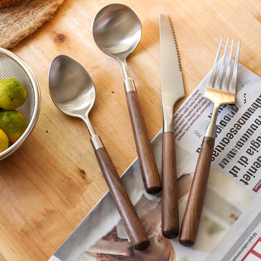 Walnut handle 304 stainless steel light luxury ins steak knife and fork wholesale western restaurant spoon cutlery knife and fork set