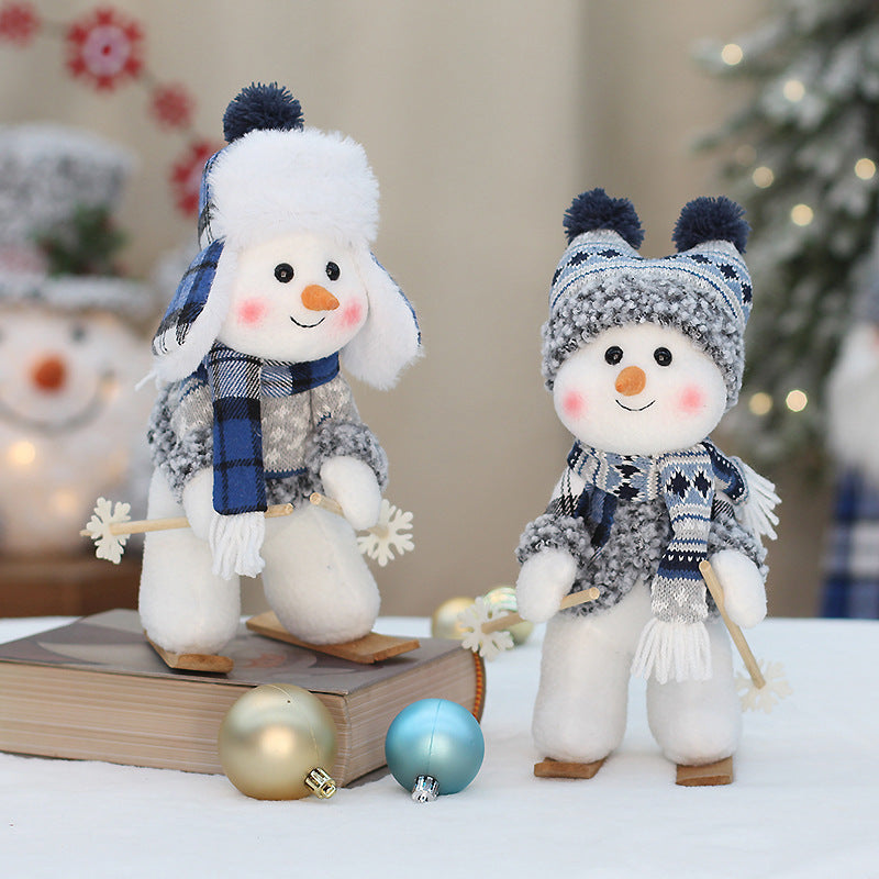 Cross-border Christmas decorations ski snowman doll tabletop doll blue plaid fabric Christmas iron foot snowman ornament