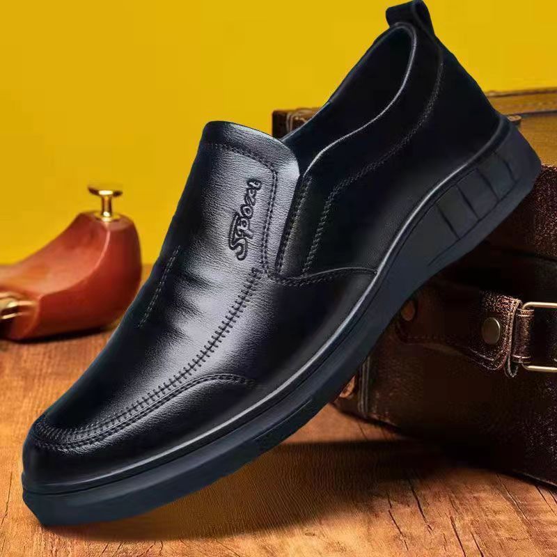 Middle-aged and elderly leather shoes, British style, four seasons fashion, soft soles, round toe shoes, business light men's casual leather shoes