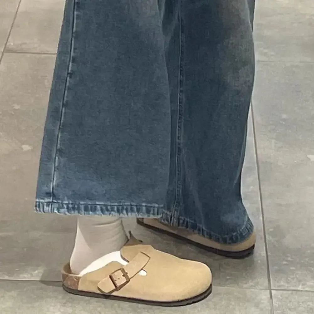 New thick-soled Birkenstock shoes semi-slippers women's spring retro slip-on toe slippers with increased height Boken shoes