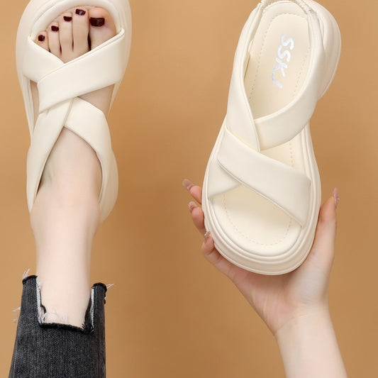 Thick-soled heightened sandals for women's summer 2024 new simple with skirt slimming white beach shoes