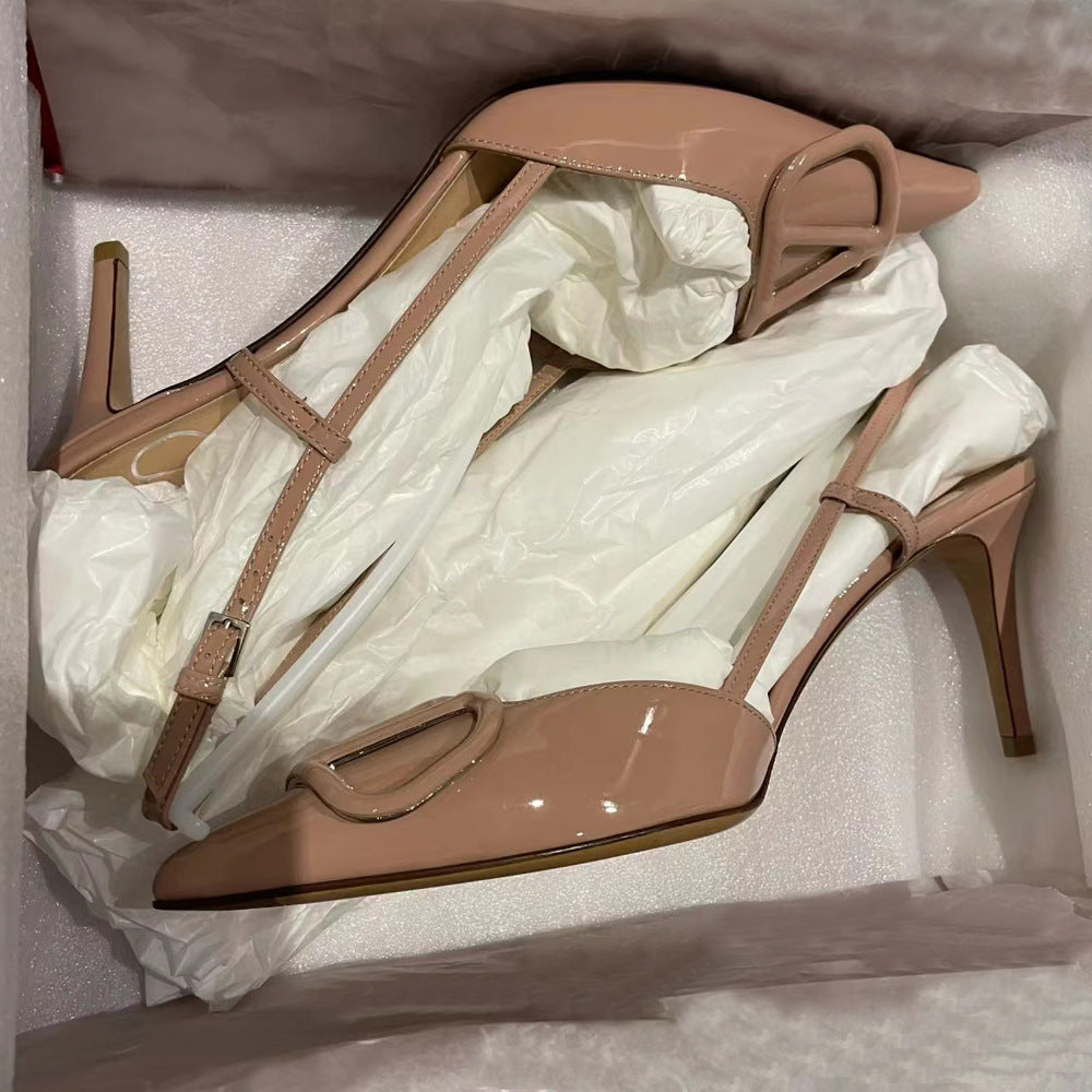 High version V home nude high heels women's 2025 summer toe toe stiletto sandals pointed toe french v buckle single shoes
