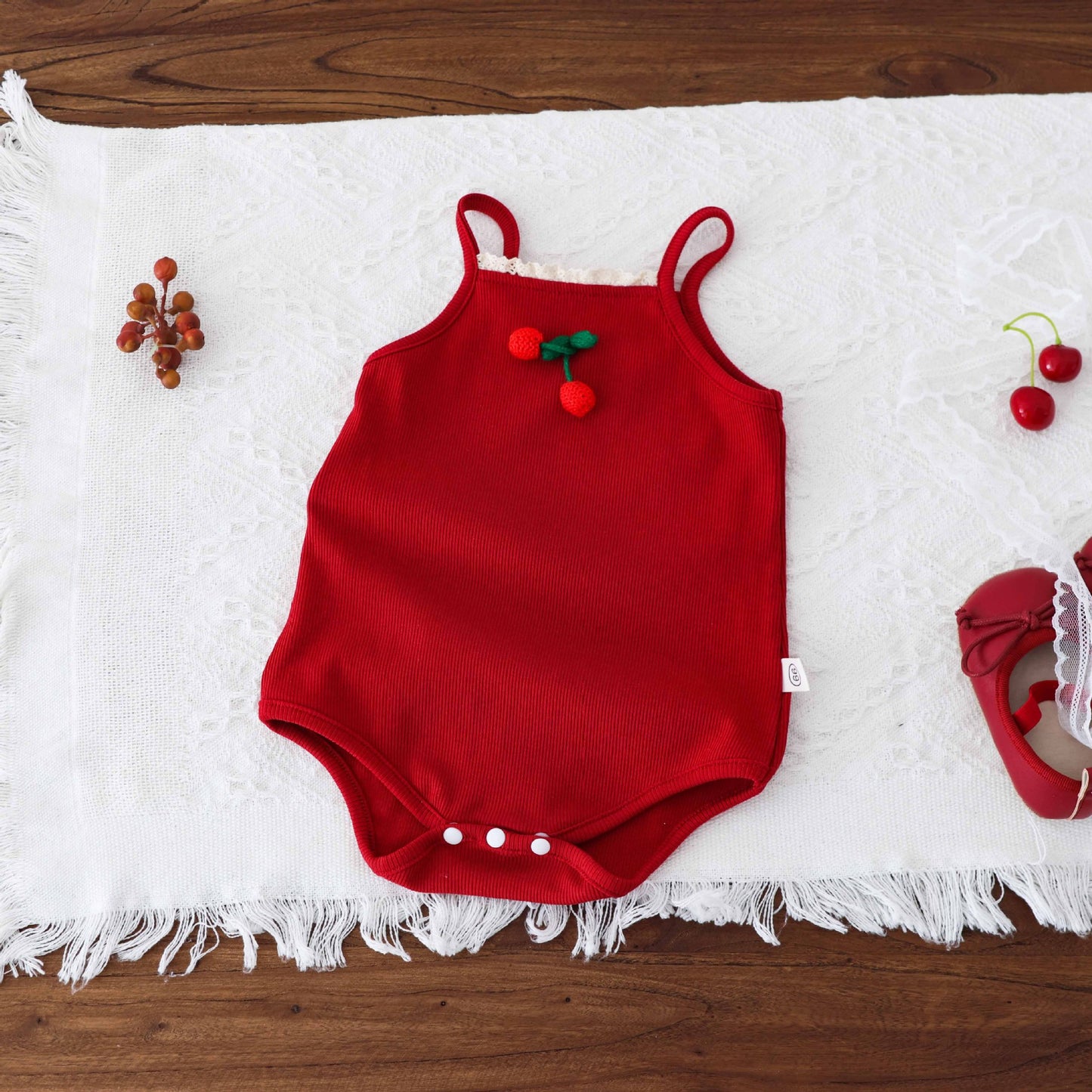 Baby clothes summer thin bag fart clothes newborn baby girl cherry full moon 100 days suspender clothes one-piece