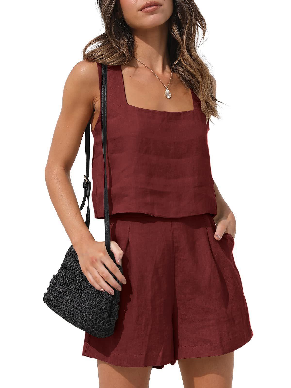 2024 Amazon New European and American Women's 2-Piece Casual Suit Linen Shorts Sleeveless Top Vest