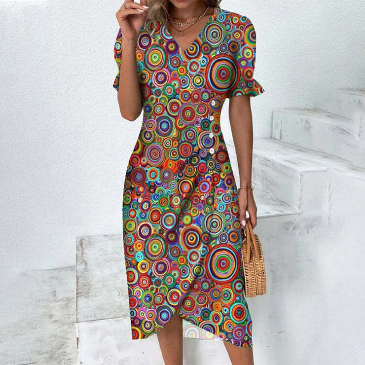 European and American independent station summer hot sale slim women's geometric collage puff sleeves irregular hem dress