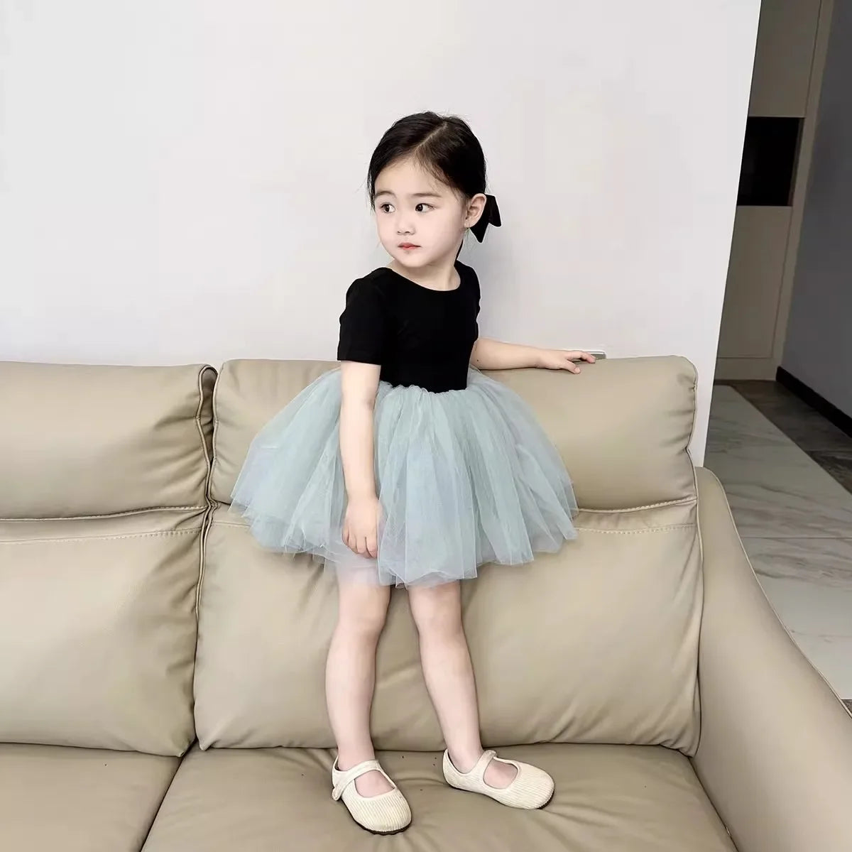 Girls short sleeve backless dress 2024 summer new baby foreign mesh tutu little girl princess dress