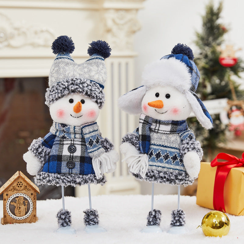 Cross-border Christmas decorations ski snowman doll tabletop doll blue plaid fabric Christmas iron foot snowman ornament