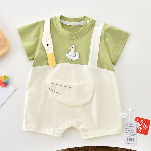 Newborn super cute summer clothes, baby thin onesies, full moon 100 days, fashion short-sleeved swan shoulder buckles, out of climbing clothes