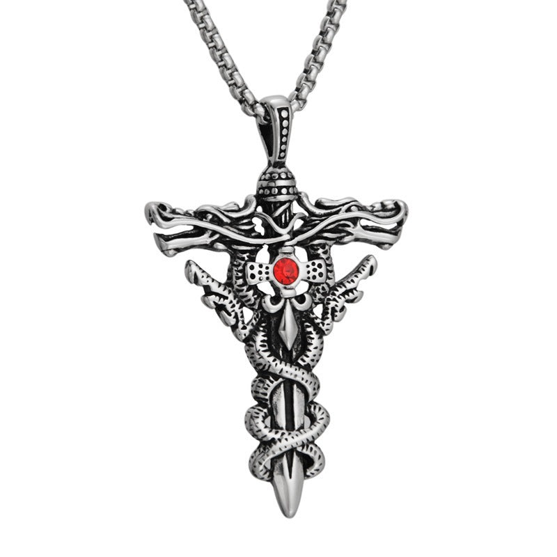 European and American retro double dragon cross pendant foreign trade accessories fashion trendy brand personality titanium steel necklace men do not fade