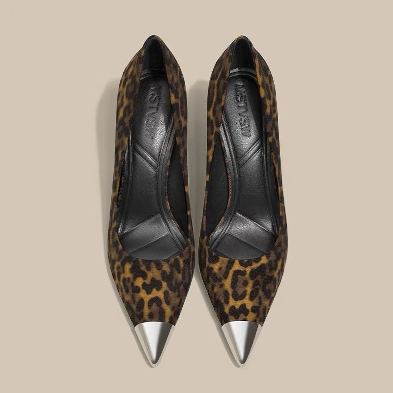 2025 New Niche Design Metallic Iron Toe Leopard Print Pointed Toe High Heels Pumps 10cm Stiletto Single Shoes Women