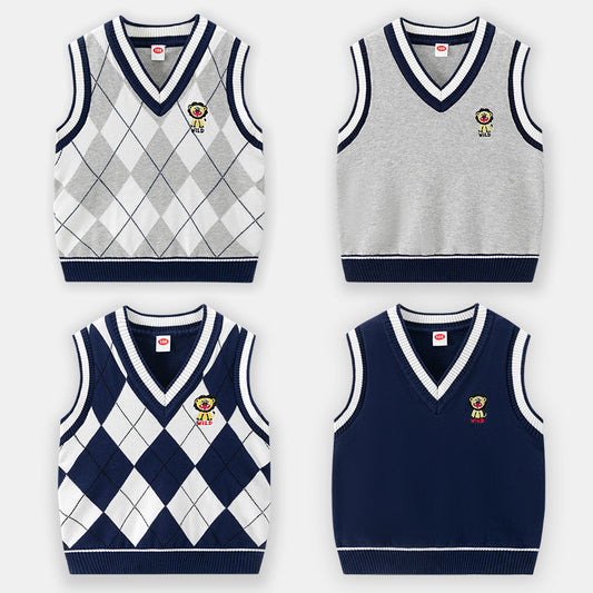 Children's knitted vest 2025 autumn and winter new boys' hair academy wind cord vest baby V neck sleeveless sweater trend