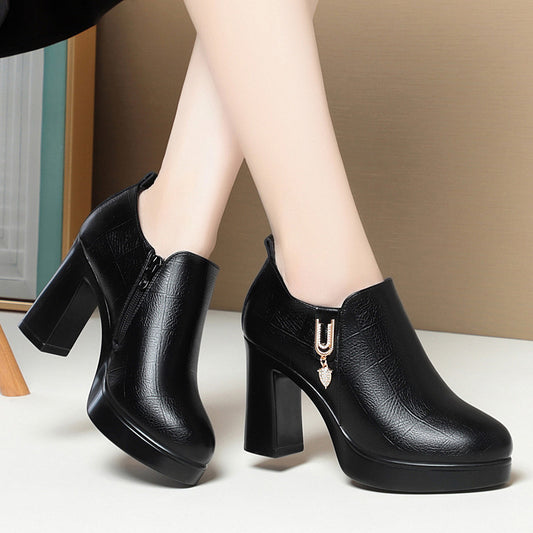 Deep-edged single shoes women's spring and autumn new high heels, thick heels fleece platform, thick soles do not tire the feet, middle-aged women's leather shoes