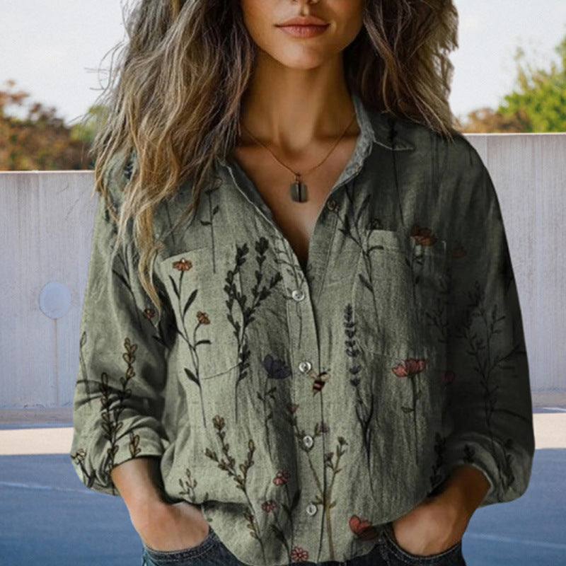 2025 Cross-border Women's Clothing TikTok Independent Station Autumn and Winter Casual Retro Women's Botanical Pattern Plus Size Shirt in Stock