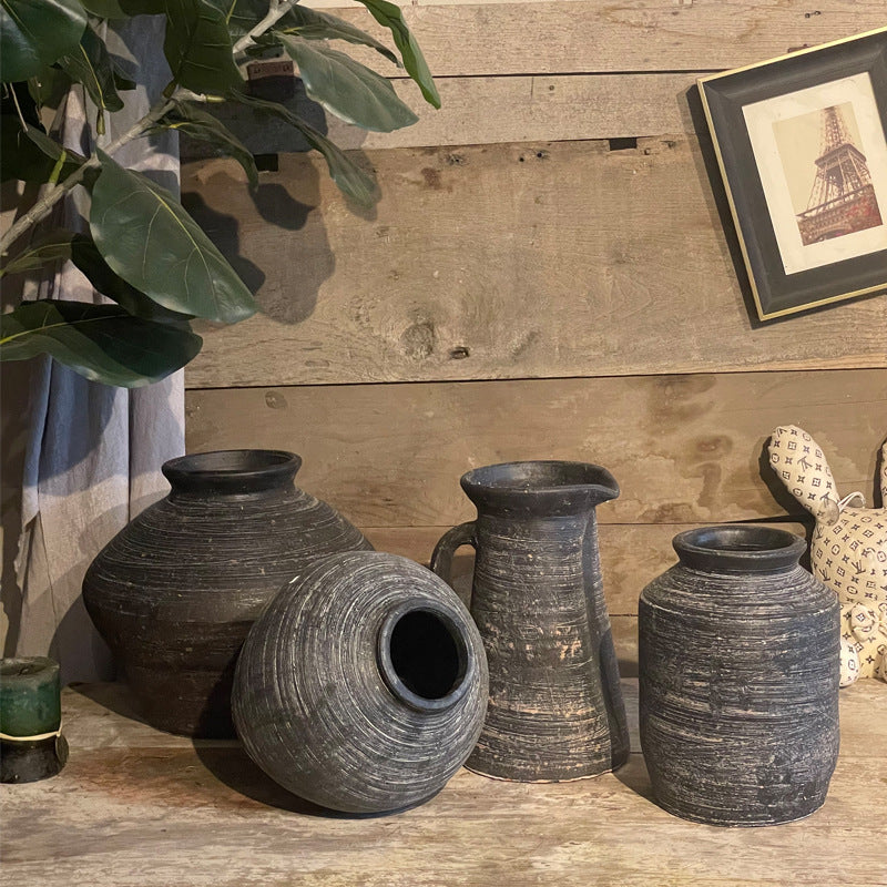 Ceramic vase, wabi-sabi style, new Chinese retro stoneware, Japanese style, old clay tiles, stoneware pots, dried flowers, home flower arrangement