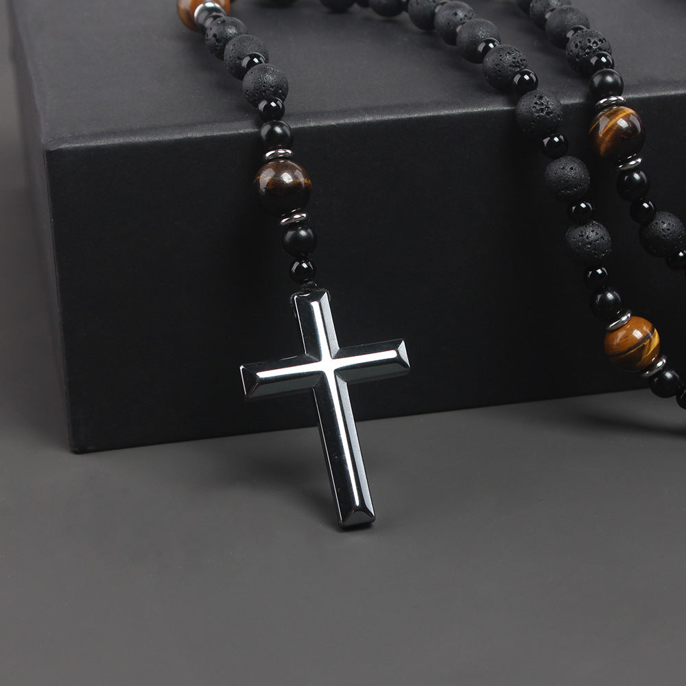 Cross-border Amazon same natural stone black volcanic rock yellow tiger eye iron stone cross religious men's necklace