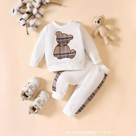 Cross-border INS Amazon 2024 new explosive baby plaid bear embroidered sweatshirt set fashionable