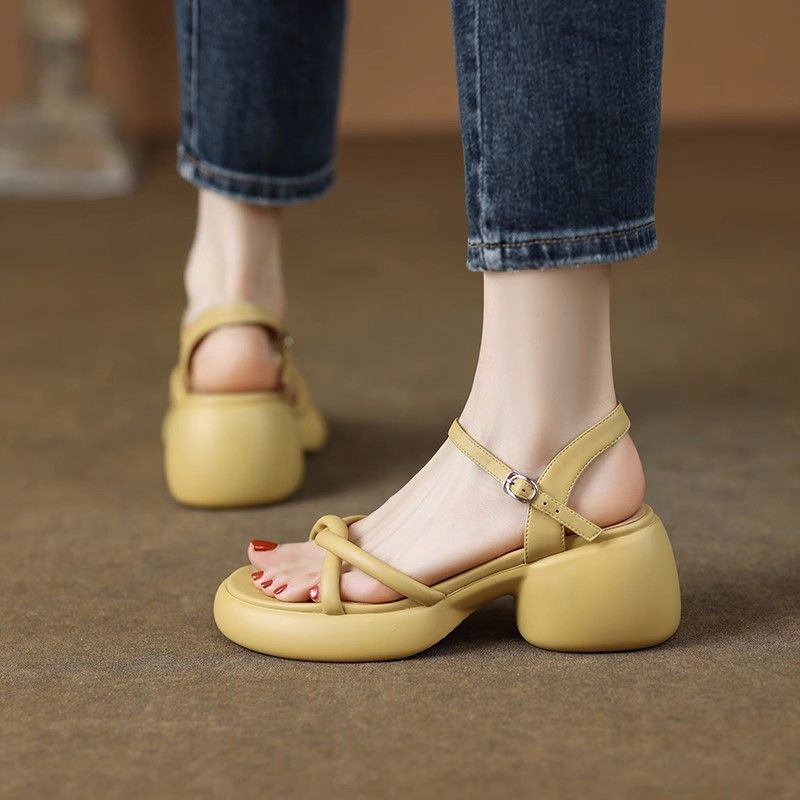 Open Toe Platform Muffin Fairy Sandals Women's Moccasins 2024 New Summer High Heels Thick Heels Platform Roman Shoes