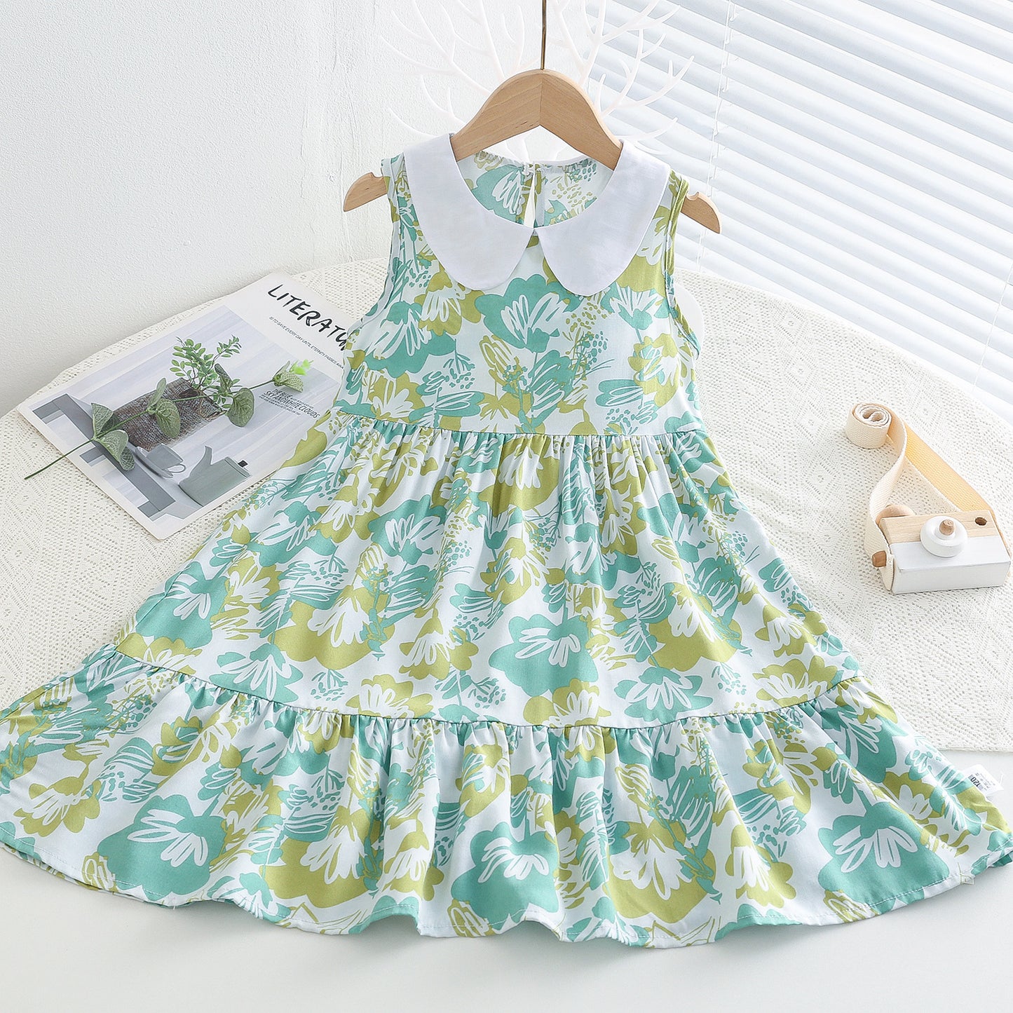 Girls Floral Cotton Silk Dress Summer New Children's Rayon Skirt Medium and Big Boy Doll Collar Princess Dress