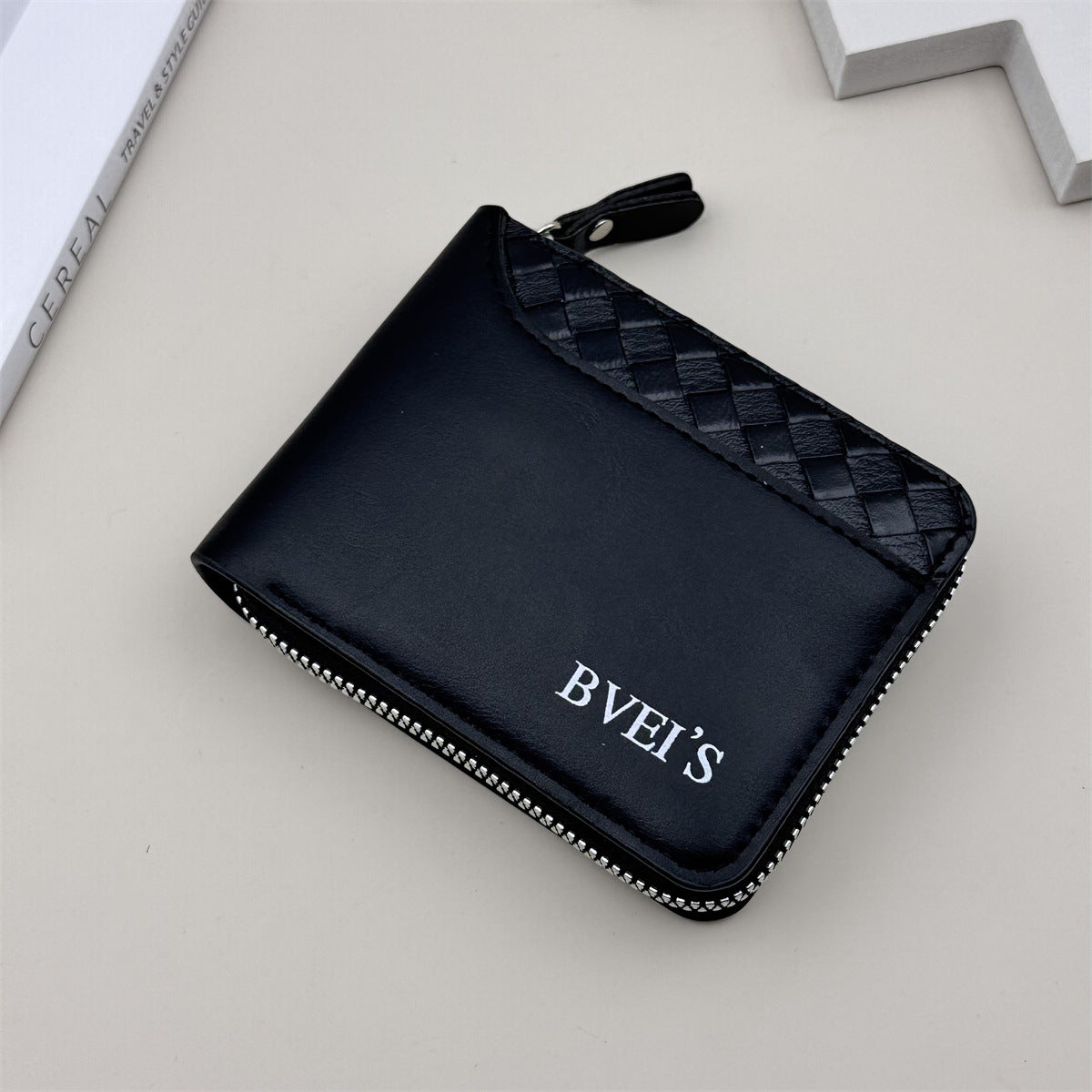 2024 new cross-border wallet men's short horizontal zipper wallet, bi-fold coin wallet, woven pattern stitching wallet