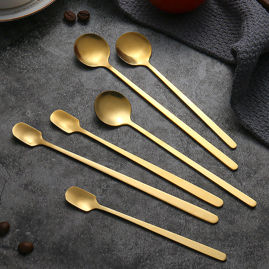 Stainless Steel Square Head Spoon Creative Long Handle Bar Iced Gold Coffee Mixing Spoon Small Round Spoon Mug Spoon