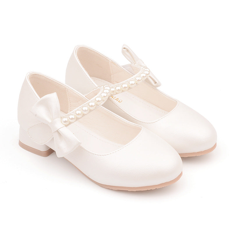 Children's shoes factory wholesale children's leather shoes white bow spring and autumn girls high-heeled princess shoes pearl tide shoes